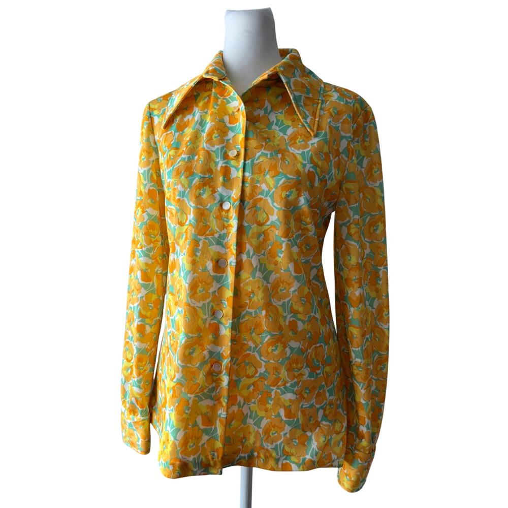 Vintage ‘70s Orange & Yellow Button Front Long Sleeve Blouse w/ Large Lapels